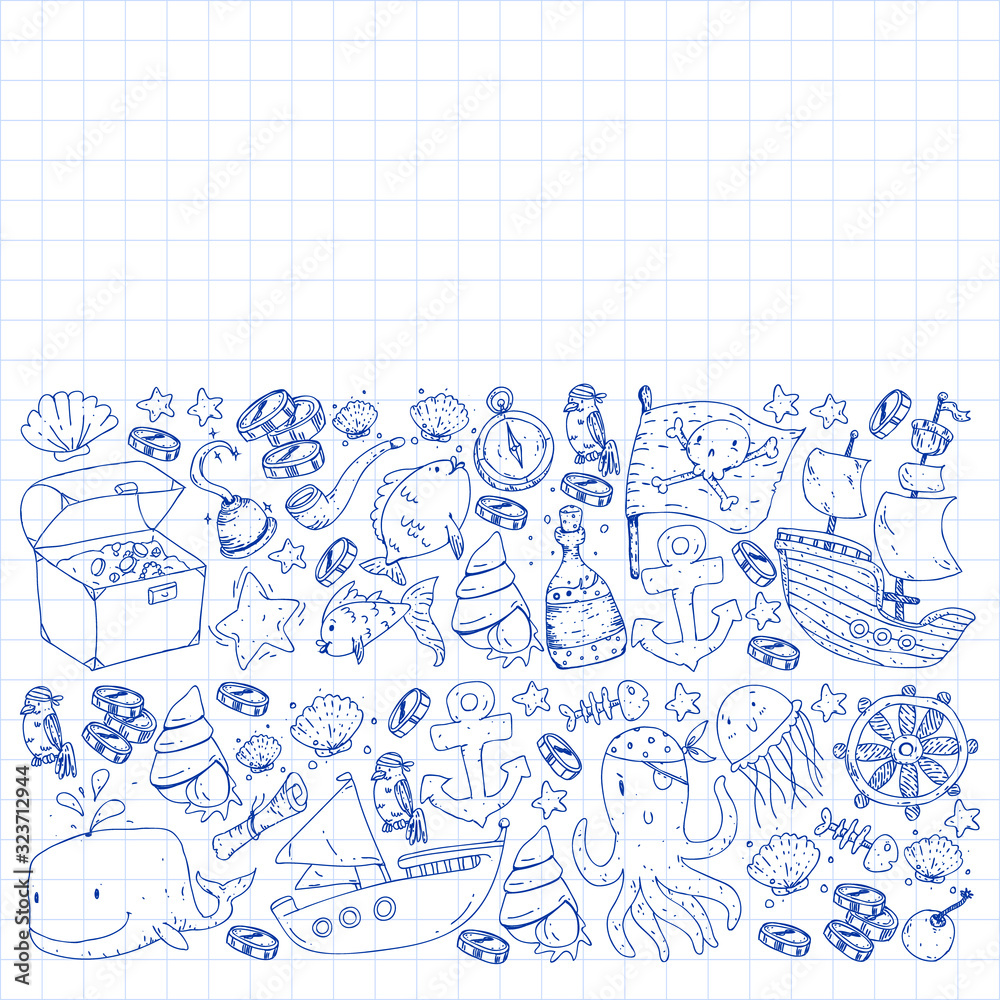Ocean and sea for children. Pattern for boys. Pirate party. Cute fishes, animals, treasures. Kids vacation pattern, beach toys and elements. Ocean and sea for children. Pattern for boys. Pirate party. Cute fishes, animals, treasures. Kids vacation pattern, beach toys and elements.