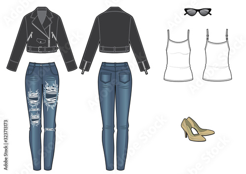 womans fashion look with leather jacket and jeans