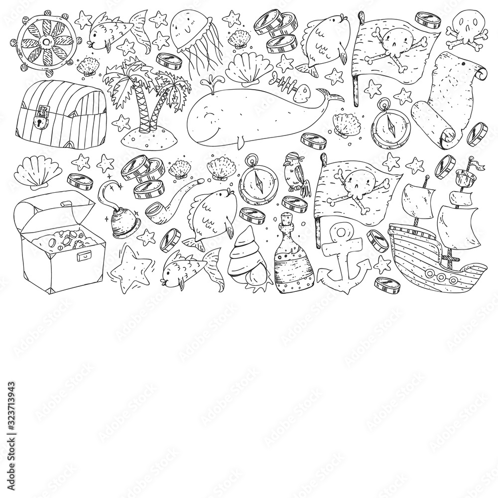 Ocean and sea for children. Pattern for boys. Pirate party. Cute fishes, animals, treasures. Kids vacation pattern, beach toys and elements. Ocean and sea for children. Pattern for boys. Pirate party. Cute fishes, animals, treasures. Kids vacation pattern, beach toys and elements.