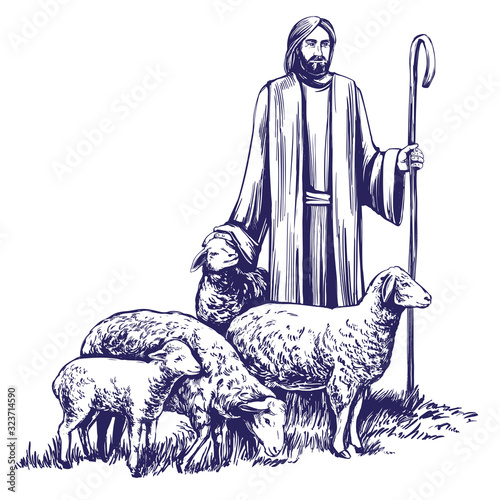 Son of God, the Lord is my shepherd, Jesus Christ with a flock of sheep, symbol of Christianity hand drawn vector illustration sketch