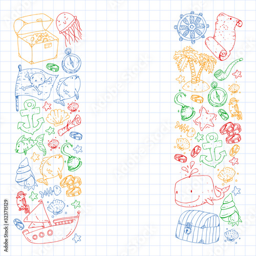 Ocean and sea for children. Pattern for boys. Pirate party. Cute fishes, animals, treasures. Kids vacation pattern, beach toys and elements.