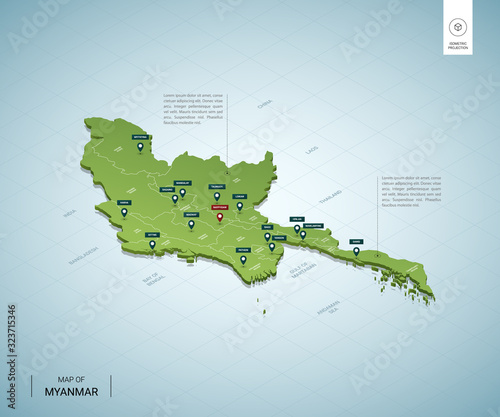Stylized map of Myanmar. Isometric 3D green map with cities, borders, capital Naypyidaw, regions. Vector illustration. Editable layers clearly labeled. English language.