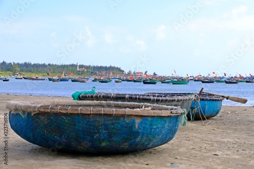 Basket boats on the sand at My Khe beach in Da Nang, VIETNAM.