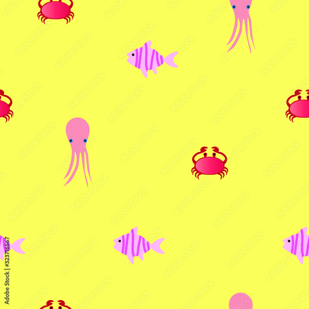Marine nautical seamless pattern with crab, calmar and fish Summer pattern for textile, fabric, wrapping, wallpaper, kids fashion design