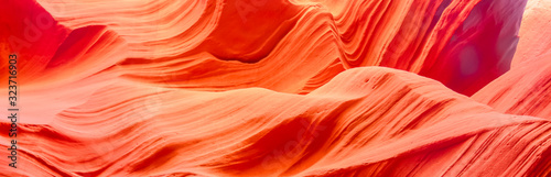 Panoramic view of red sandstone flowing shapes inside Antelope Canyon, Page, Arizona