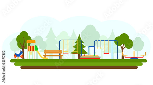 Kids playground with playing equipment, vector illustration. Flat style