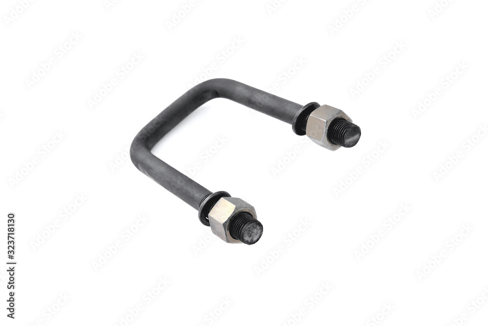 Detail of automobile spring, clamp for screed sheets of automobile spring, spring bracket white background isolate Detail of automobile spring, clamp for screed sheets of automobile spring, spring bracket white background isolate