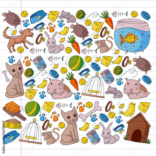 Wallpaper Mural Pet shop. Vector illustration with animals, dog, cat, fish, Colorful background with kitten, bird, puppy. Veterinarian clinic. Torontodigital.ca