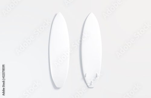 Blank white wood surfboard mockup  front and back  gray background