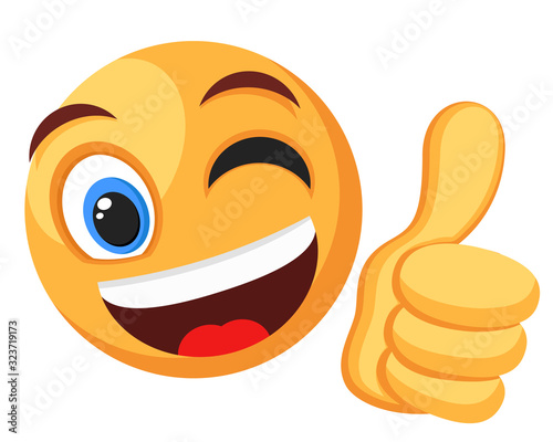 Emoticon winks and showing thumb up on a white background. Character
