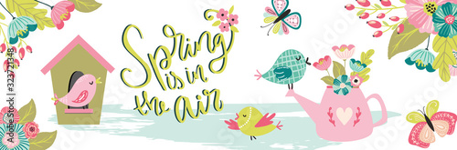 Spring is in the air lettering typography horizontal banner with birds, birds house, butterfly and flowers.Spring garden concept illustration in hand drawn scandinavian style.