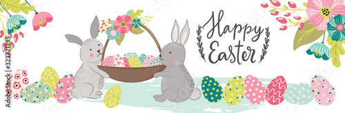 Happy Easter horizontal banner with cute bunny rabbits holding basket with easter eggs and spring flowers. Scandinavian style hand drawn illustration for Easter