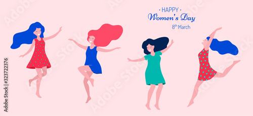 Happy women s day vector illustration. Beautiful dancing women.