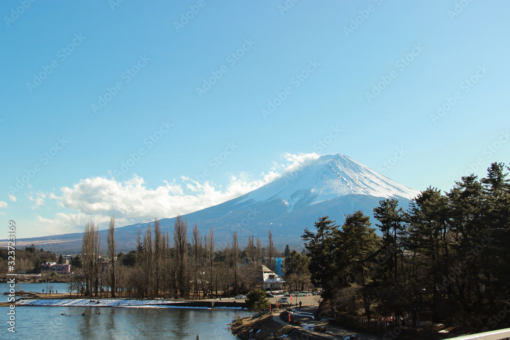 The view of Mount Fuji is the snow covered in the morning of winter.