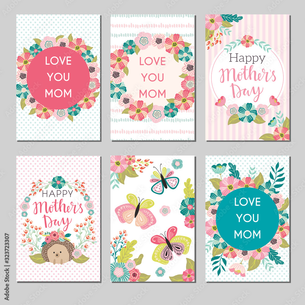 Set of Mothers day greeting cards. Collection of delicate Happy Mother's day greeting cards with flowers and wreaths. Banner, poster, invitation greeting card templates with lovely spring flowers Set of Mothers day greeting cards. Collection of delicate Happy Mother's day greeting cards with flowers and wreaths. Banner, poster, invitation greeting card templates with lovely spring flowers