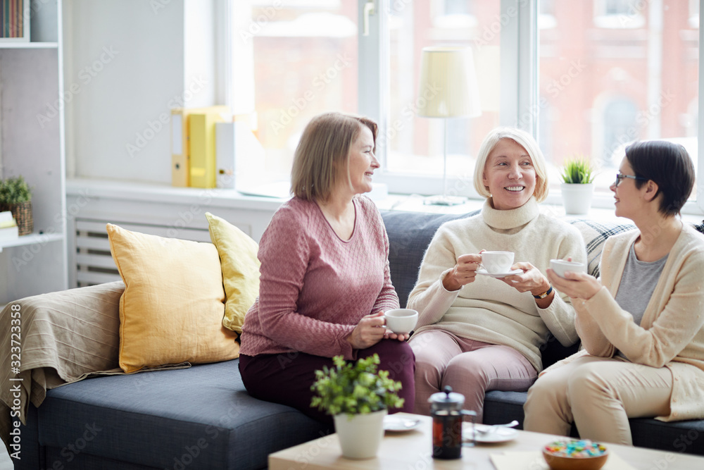 Portrait of three adult women enjoying conversation while drinking tea at home or in office, copy space