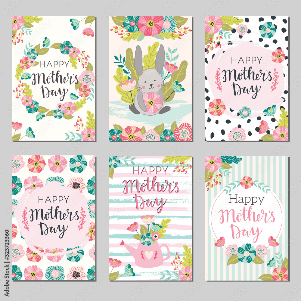 Set of Mothers day greeting cards. Collection of textured delicate Happy Mother's day greeting cards with flowers and wreaths. Banner, poster, invitation templates with lovely spring flowers Set of Mothers day greeting cards. Collection of textured delicate Happy Mother's day greeting cards with flowers and wreaths. Banner, poster, invitation templates with lovely spring flowers