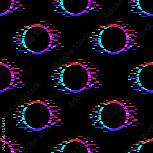 Seamless vector pattern with polka dot ornament with glitch effect on black background. Stock illustration for web, print, wallpaper and backgrounds. 