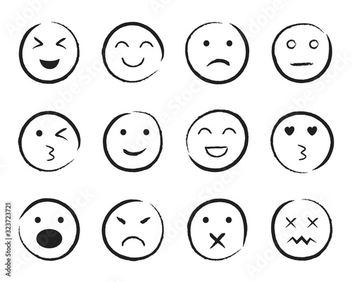 Set of happy face hand drawn style. Sketch smiley, sad, angry face doodle icon. Emoji emoticon for social media. Cartoon people faces on isolated background. Expression emotion. Set line mood. vector.
