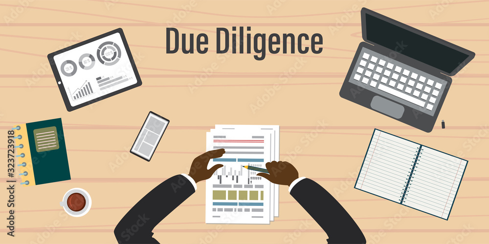 Due diligence business review with paper document and graph. Data analysis.