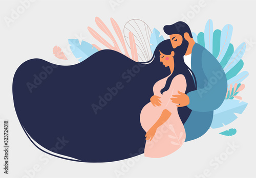 The man carefully embraced the pregnant woman. Husband and wife are expecting a baby, young parents, family support. Flat vector illustration isolated on white background