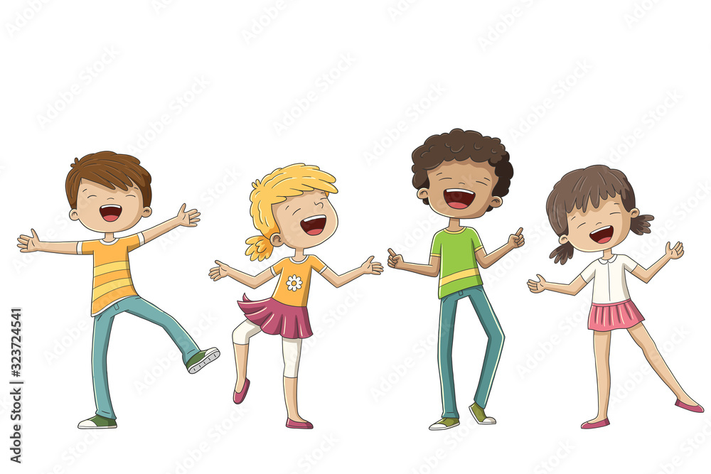 Four happy children. Hand draw vector illustration with separate layers.