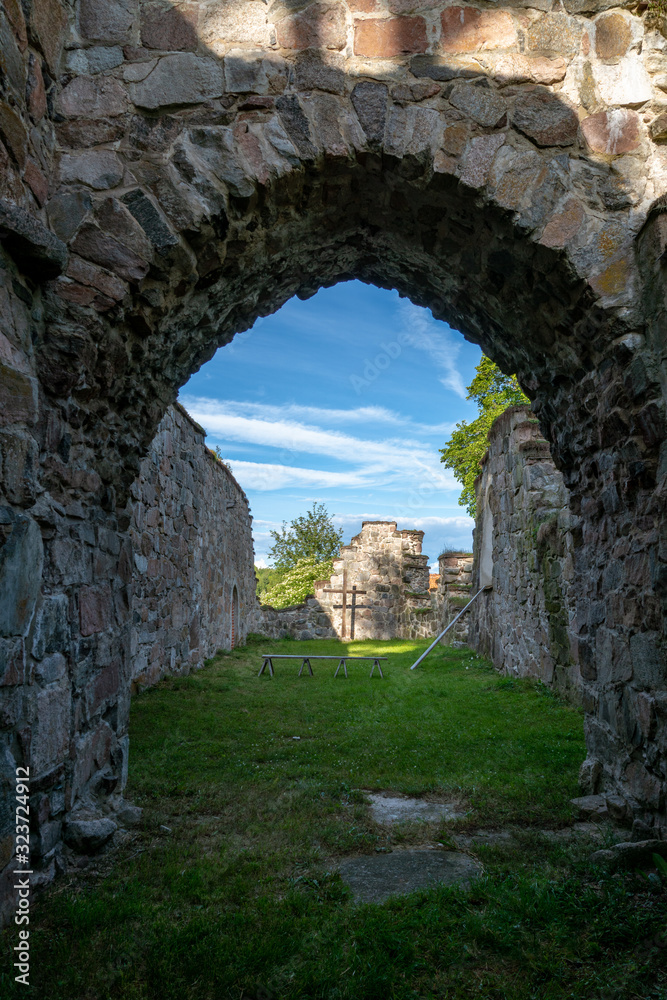 The inside of a ruin of a medieval church in Sweden