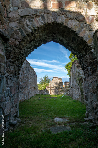 The inside of a ruin of a medieval church in Sweden