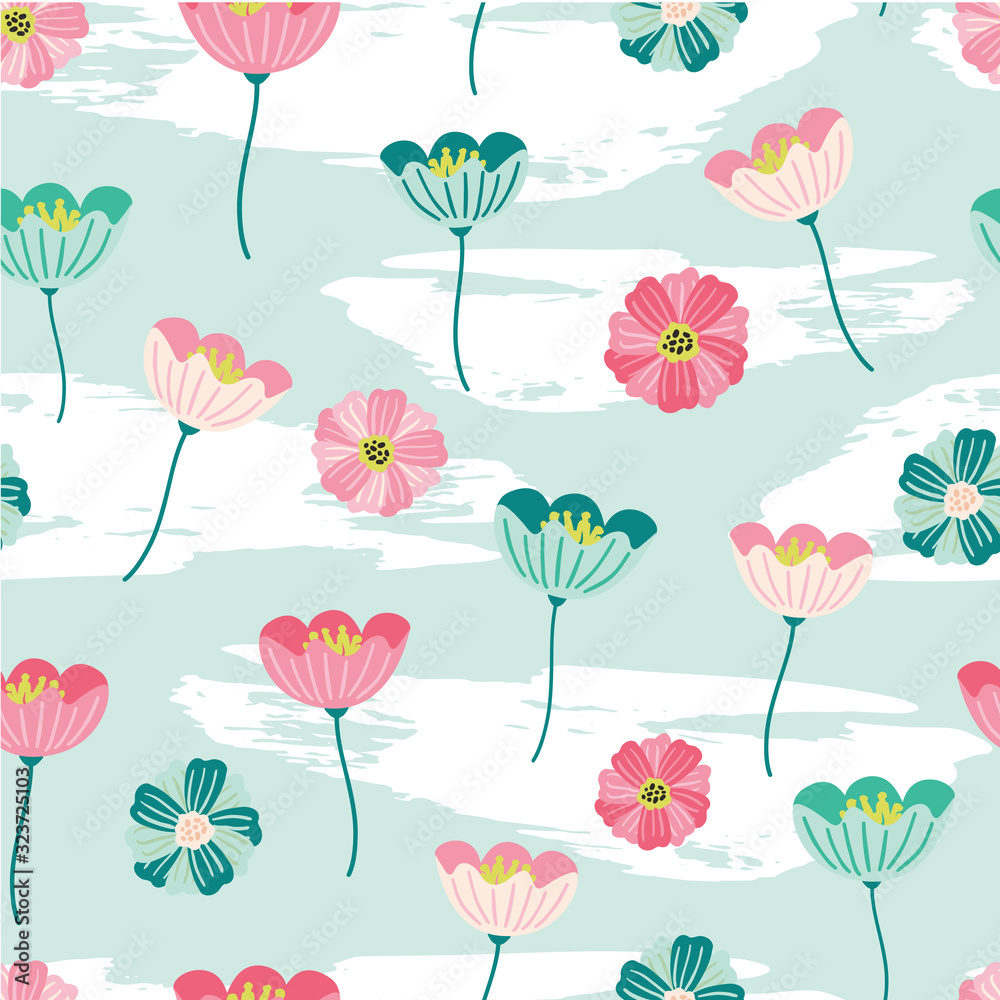 Seamless pattern with cute hand drawn spring flowers for fabric, textile, wallpaper, kids and children clothing, stationery, girly products. Whimsical flowers in scandinavian style