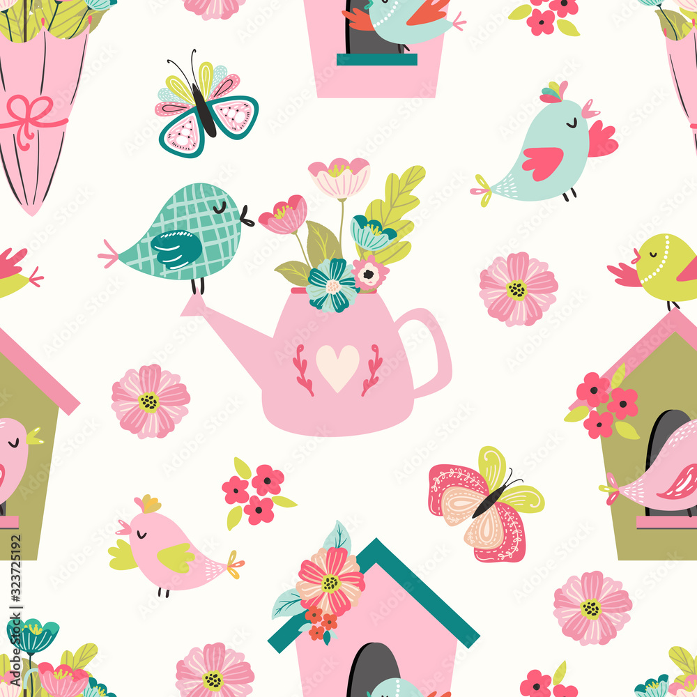 Seamless pattern with spring flowers, garden tools, animals, butterflies, birds for fabric, wallpaper, textile, baby and children products. Vector cute hand drawn print illustration with animals