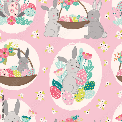 Easter bunny rabbits with basket of eggs and spring flowers vector hand drawn illustration. Scandinavian style. Cute baby and girly seamless pattern with animals and flowers, fabric, wallpaper design.