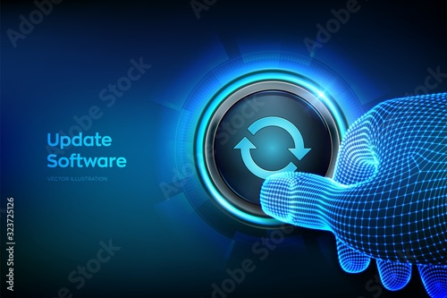 Update button. Closeup finger about to press a button. Upgrade Software version concept. Computer program upgrade technology concept. Cross-device synchronization and operation. Vector illustration.