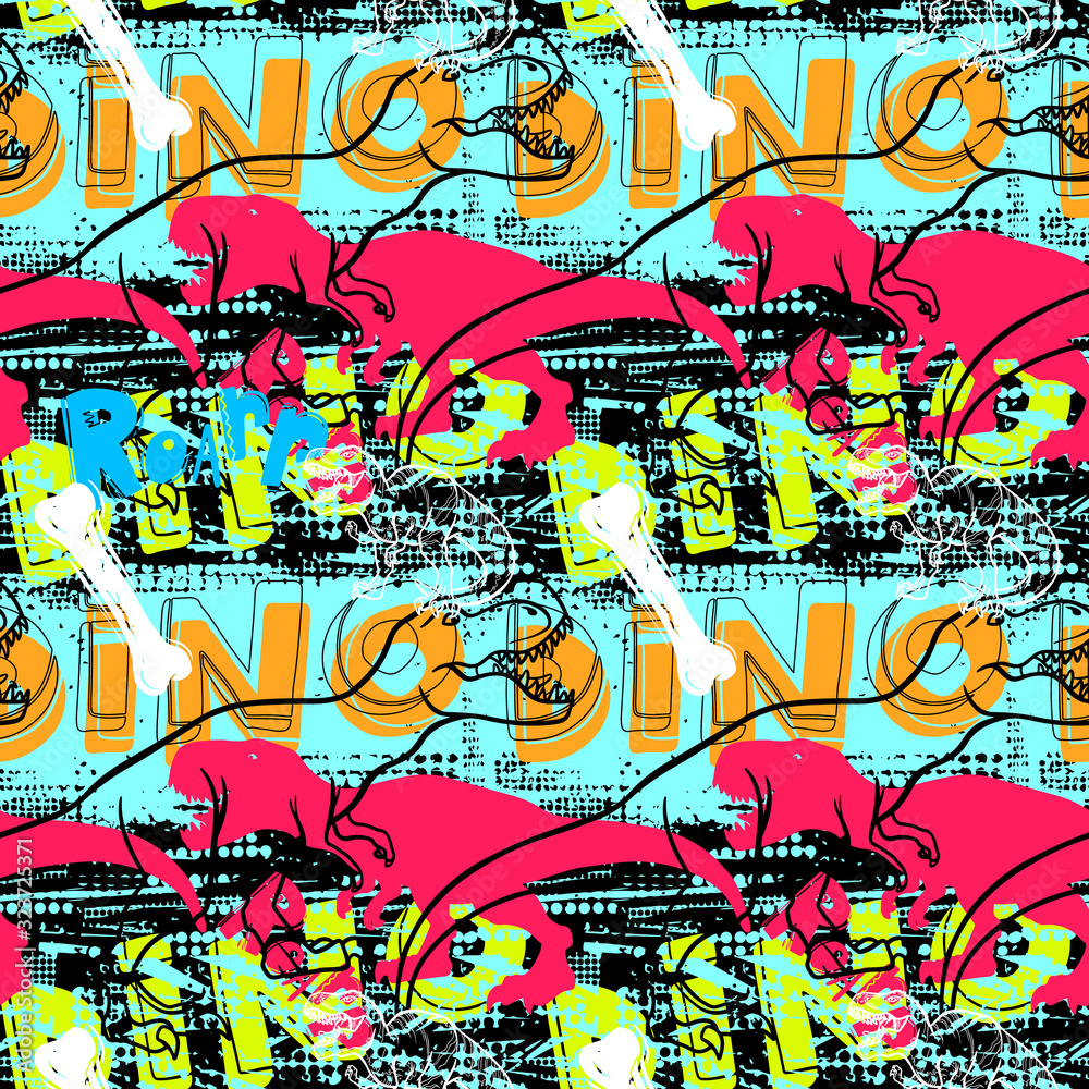 Obraz premium Dinosaur T rex color creative hand drawn seamless pattern for boys and girls