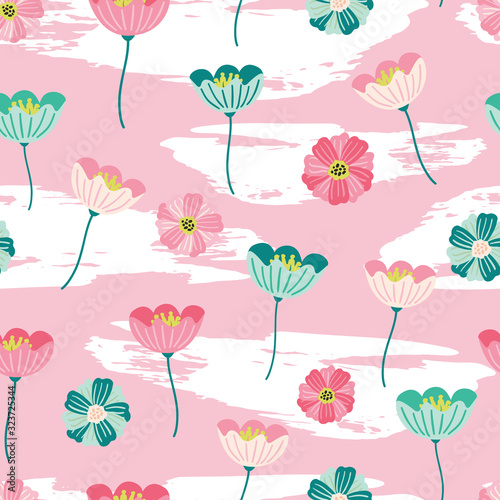 Seamless pattern with cute hand drawn spring flowers for fabric  textile  wallpaper  kids and children clothing  stationery  girly products. Whimsical flowers in scandinavian style