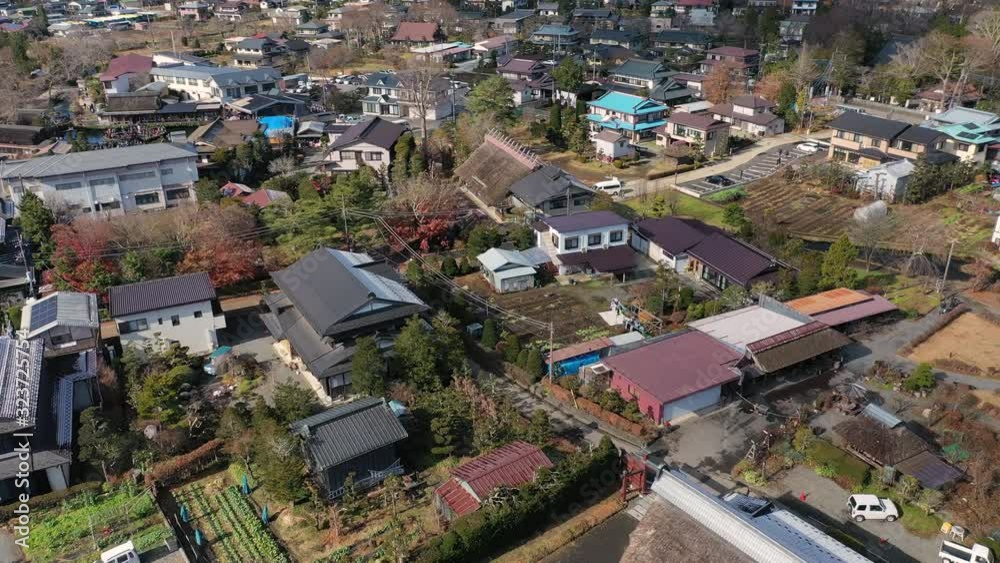 Aerial view of scenic Japanese village Oshino Hakkai near Mount Fuji in late Autumn - landscape panorama of Japan from above, Asia Aerial view of scenic Japanese village Oshino Hakkai near Mount Fuji in late Autumn - landscape panorama of Japan from above, Asia