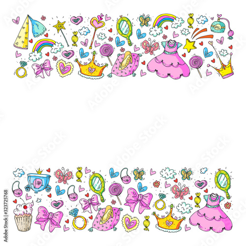 Princess birthday party for little girls. Kindergarten, school children picture. Illustration for children with castle, fairy, dress, crown.
