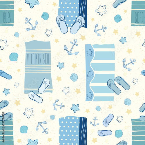 Flip flop shoe on beach seamless vector pattern background. Hand drawn outline style. All over print. Summer, tropical vacation concept.