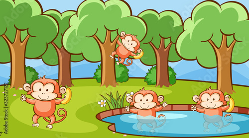 Scene with cute monkeys in forest