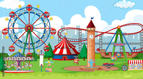 Scene with ferris wheel and roller coaster in the park