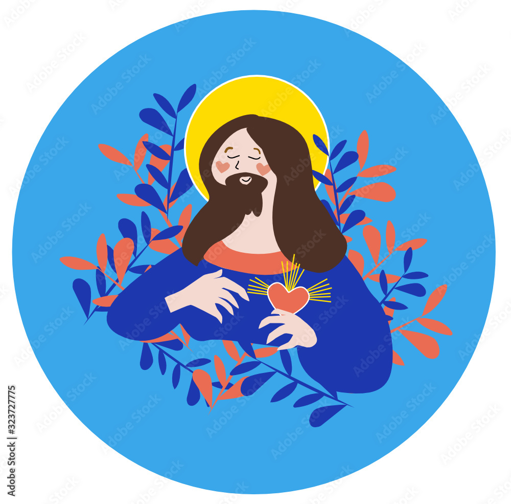Cute bright colorful vector illustration of Jesus on an easter egg with pink and blue plant pattern on the background