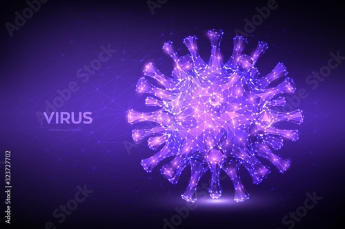Coronavirus 2019-nCov novel coronavirus low poly abstract concept. Microscopic view of virus cell close up. Dangerous asian ncov corona virus, SARS pandemic risk. 3D polygonal vector illustration.