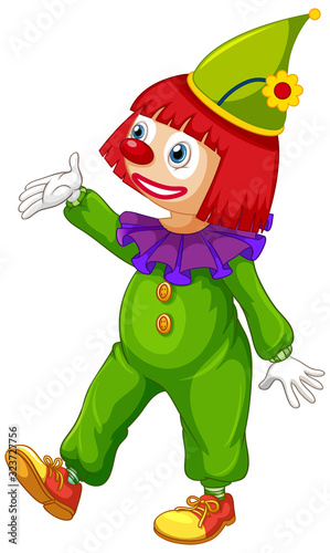 Happy clown in green jumpsuit on white background