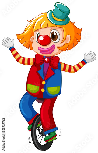 Happy clown cycling wheel on white background