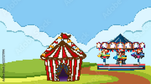Scene with happy monkeys riding on rocket ride in the park