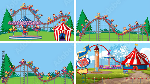 Four scenes with many rides in the fun fair