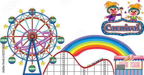 Carnival with rides and vendor on white background