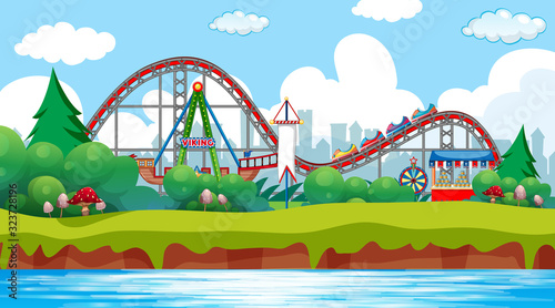 Scene with roller coaster and viking ship in the park