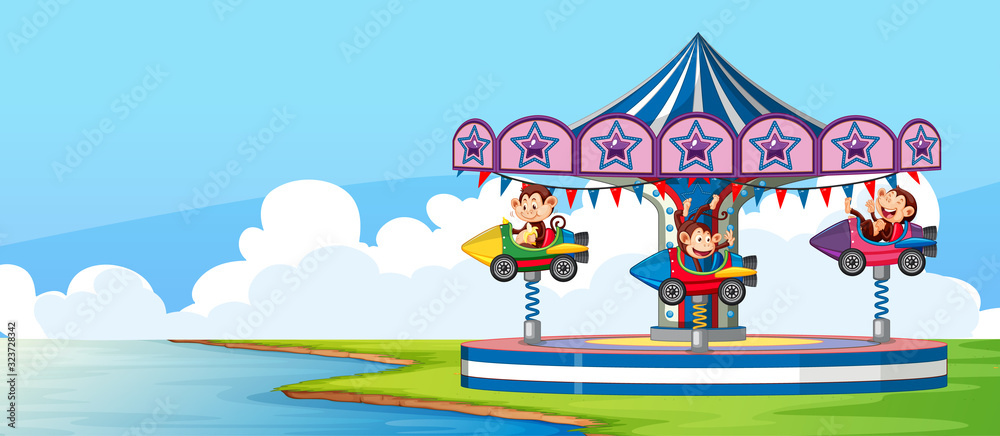 Scene with monkeys riding rocket in the park