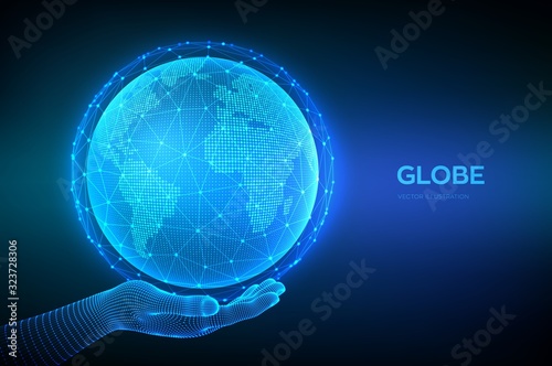 Earth globe illustration. World map point and line composition concept of global network connection. Blue futuristic background with planet Earth in wireframe hand. Vector illustration.