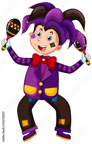 Happy clown in purple suit playing maracas